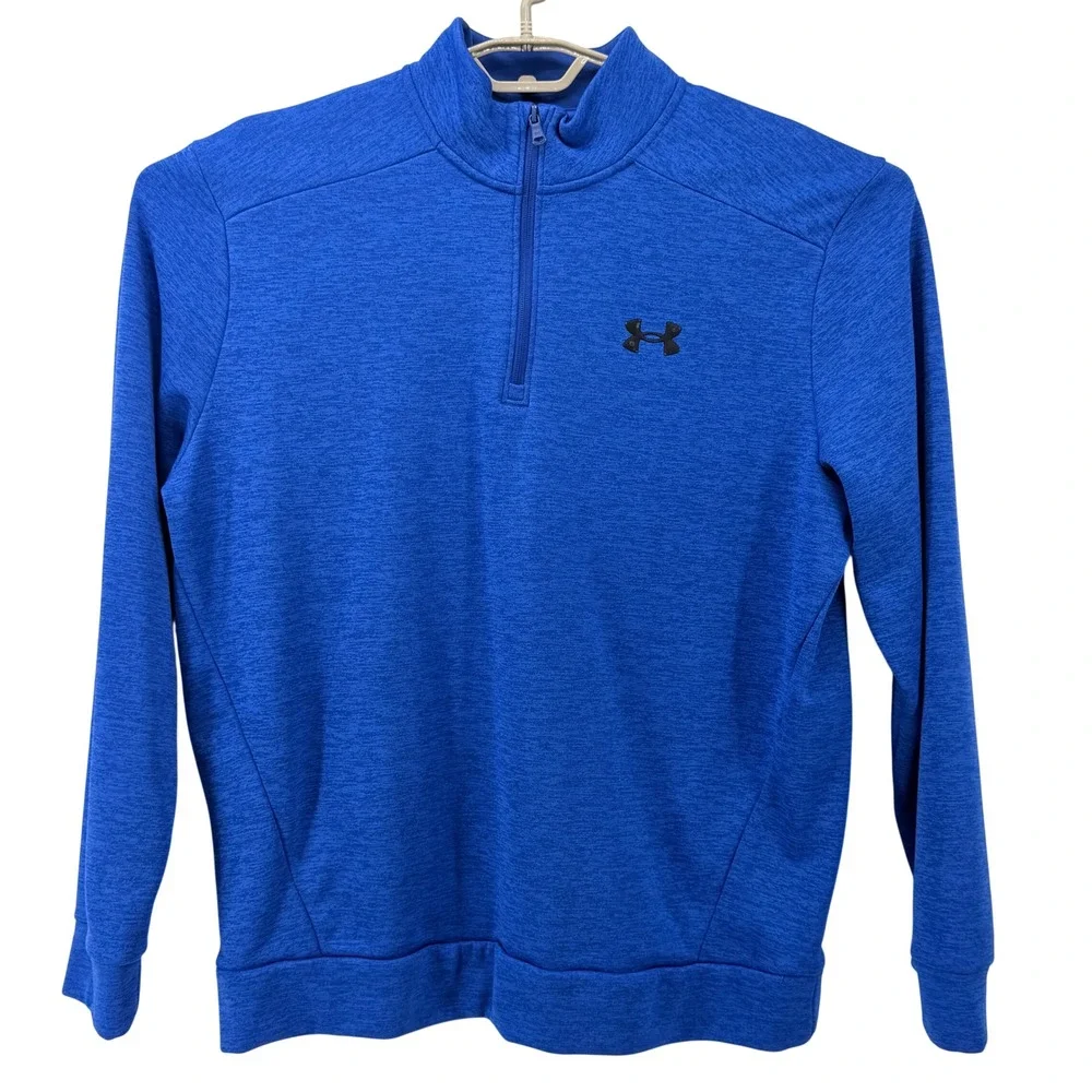 Under Armour Quarter Zip Pullover Mens Large Blue Good‎ Heathered Fleece Logo
